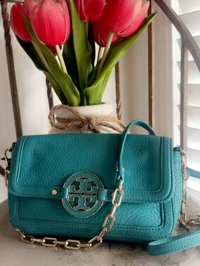 Tory Burch Teal Pebbled Leather Crossbody with Gold Chain